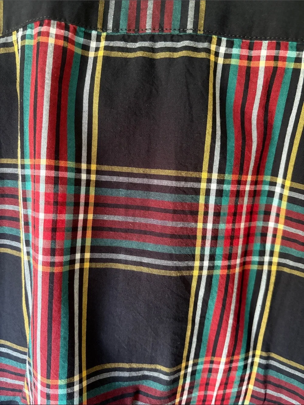 J. Crew Black Plaid Button-Down Shirt with Red, Green & Yellow Stripes